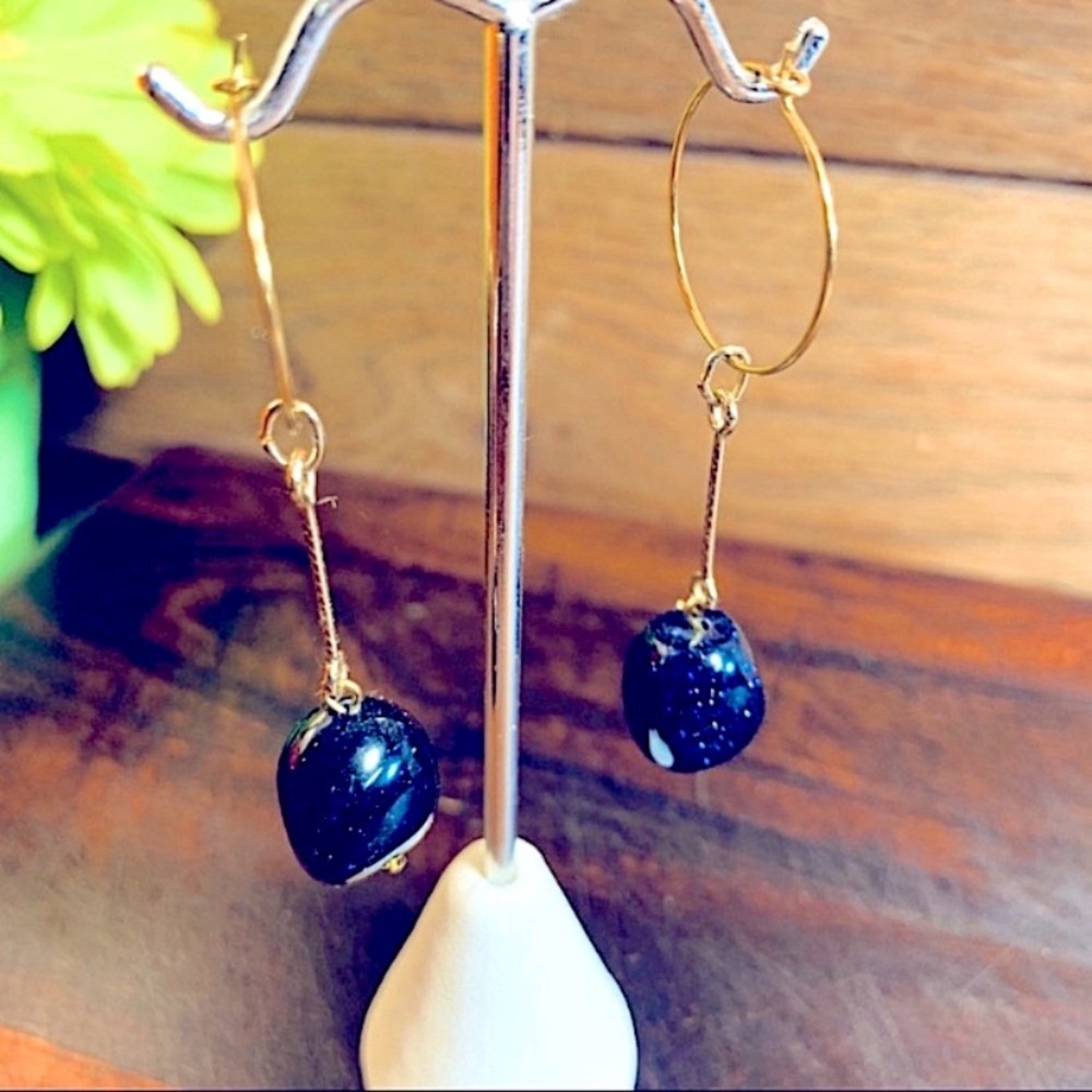 Genuine Blue Goldstone Hoop Earrings